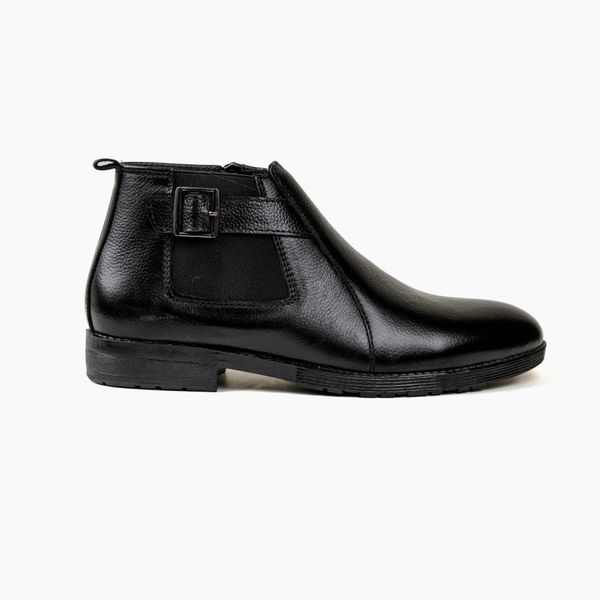 Classic Buckle Black Leather Chelse Boot