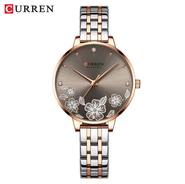 Curren 9068 Ladies Chain Watch- Floral Brown Dial- Rose Golden Bezel- Rose Golden+Silver Chain- TF Code CR869CF