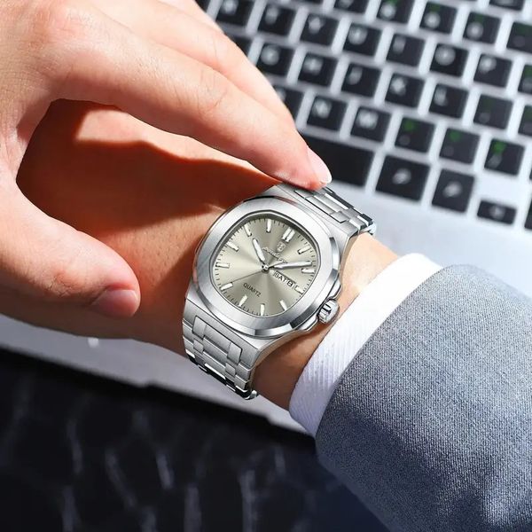 POEDAGAR 853 Luxury Homage Military Man Watch Square Waterproof Luminous Date Week Men Watch Stainless Steel Quartz Men’s Watches Reloj+box