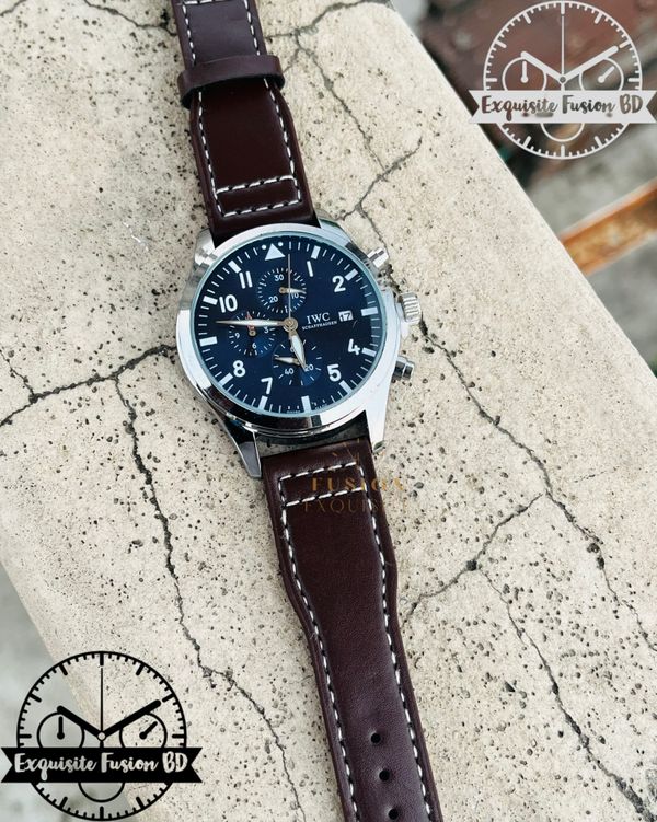 IWC Blue Dial Brown Belt Chronograph Watch (AA Grade)