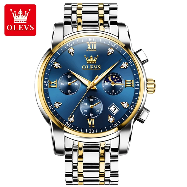 Olevs 2858 silver and gold mixed chain blue dial