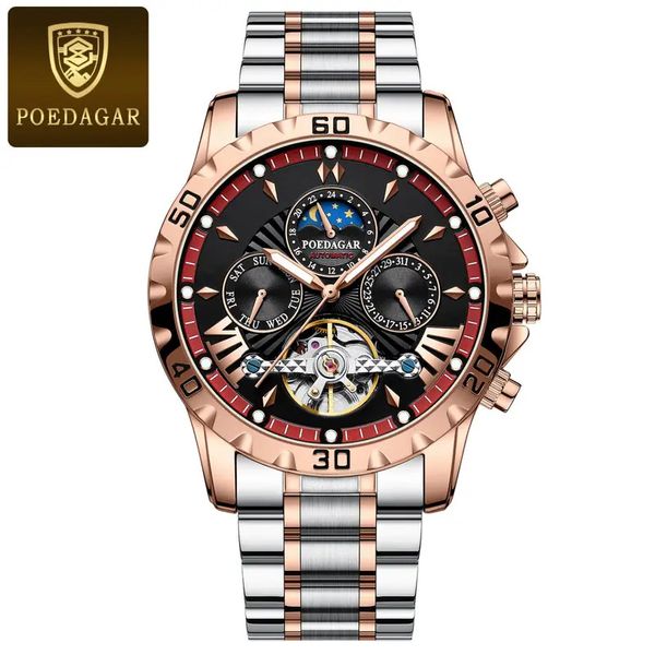 POEDAGAR 1410 Luxury Tourbillon Mechanical Watch for Men Waterproof Luminous Date Week Stainless Steel Hollow Watches Men’s Clock