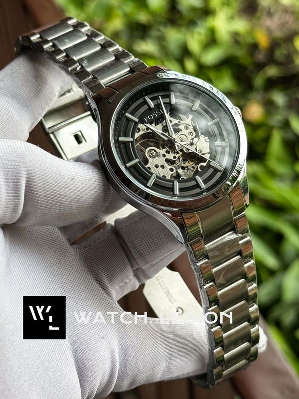 FOSSIL AUTO CHAIN FULL SILVER BLACK DIAL