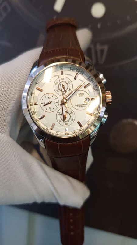 Tissot Chronograph White Dial Brown Belt RG Bezel