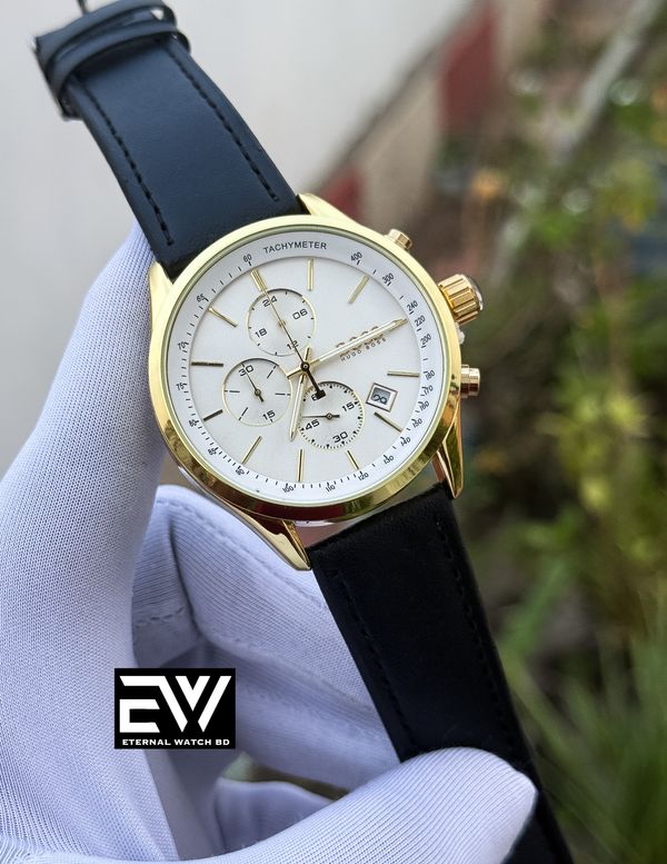 BOSS THREE CHRONO BLACK BELT GOLD CASE WHITE DIAL