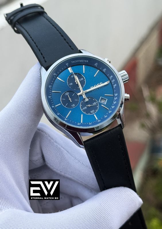 BOSS THREE CHRONO BLACK BELT BLUE DIAL SILVER CASE