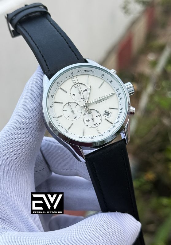 BOSS THREE CHRONO BLACK BELT WHITE DIAL SILVER CASE