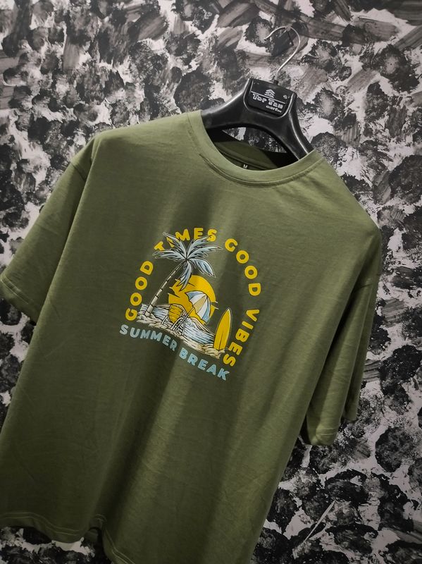 Good Times Good Vibes. premium quality drop solder t-shirt. Olive