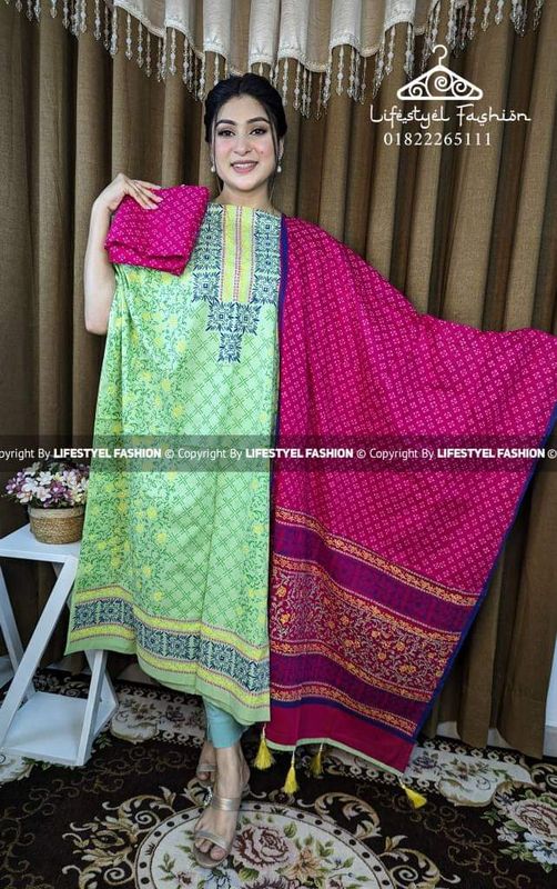 ব্লক প্রিন্ট কটন থ্রি-পিস (LF-TP-943)
