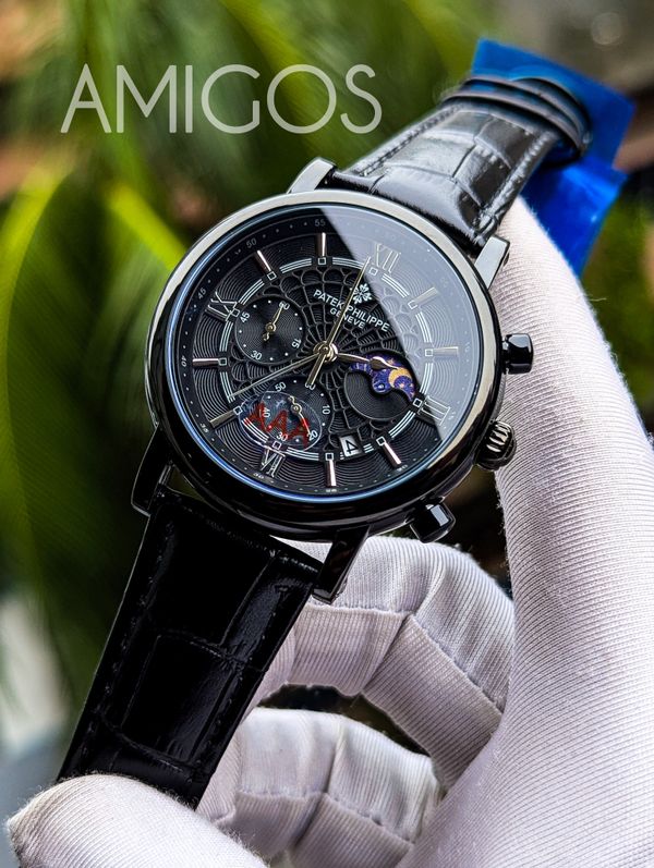 patek Philippe moonface Black Dial Black Belt