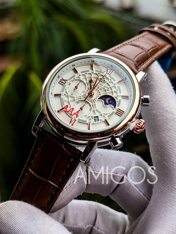 Patek Philippe Rose gold body, white Dial, Brown belt