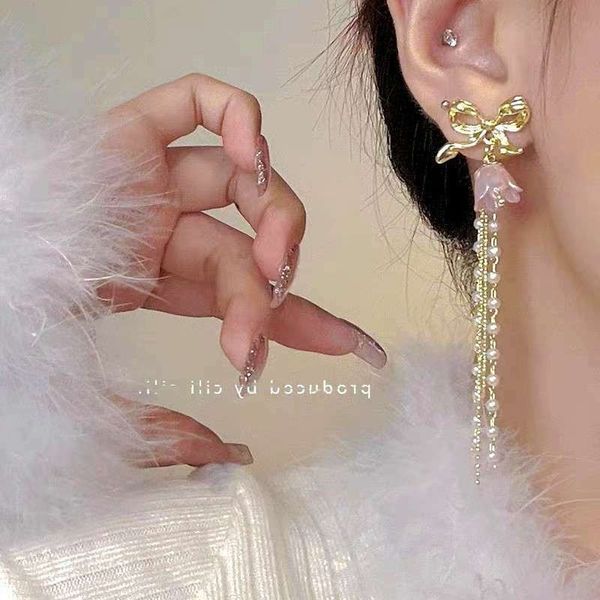 French style long bow pearl tassel earrings