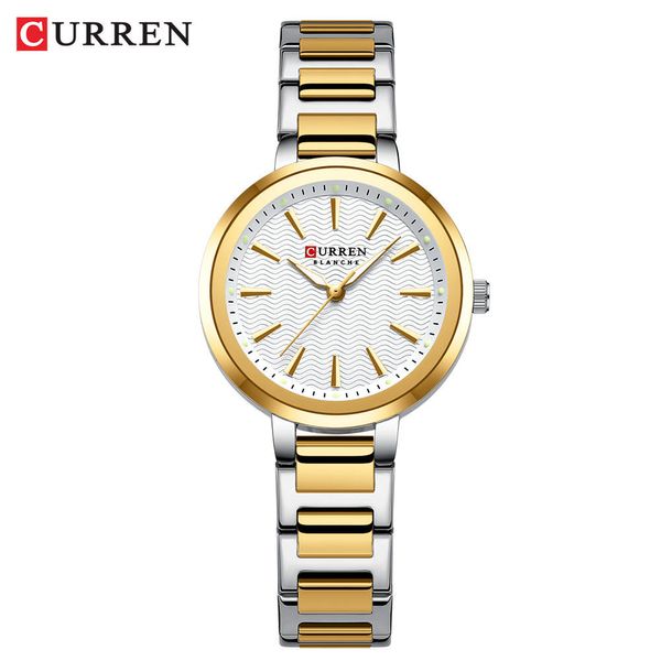 Curren 9109 Ladies Chain Watch- White Dial- Golden Bezel- Silver+Golden Chain- TF Code CR992CF