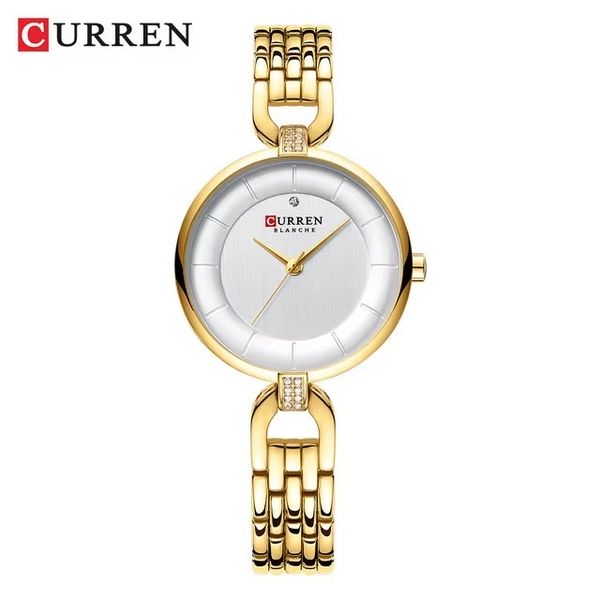 Curren 9052 Ladies Chain Watch- Silver+White Dial- Golden Bezel- Golden Chain- TF Code CR999CF