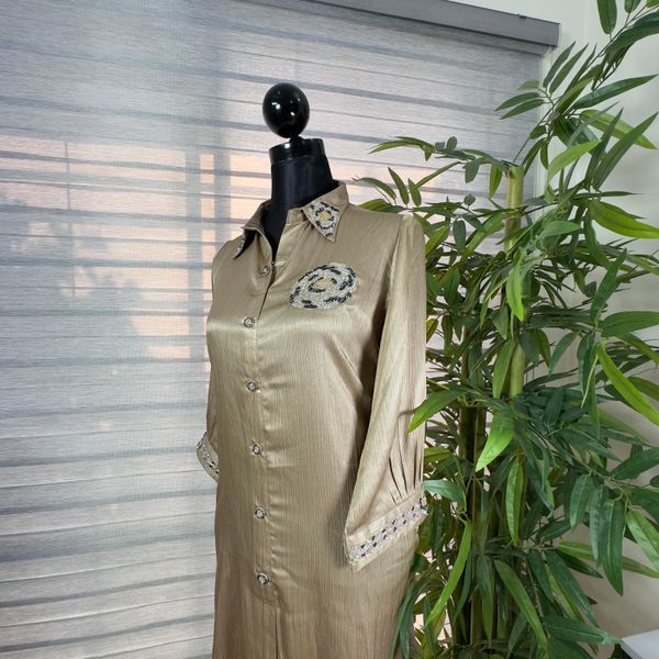 Golden Beige Embroidered Luxe Cord Set