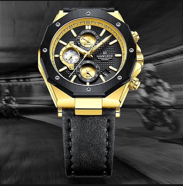 NAVIFORCE NF8028 PU Leather Chronograph Watch For Men - Golden & Black