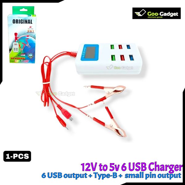12V to 24V Universal Battery Clip Charger | Fast Charger with Display Screen, 6 USB Ports, 1 Type-B, and Pin Charging