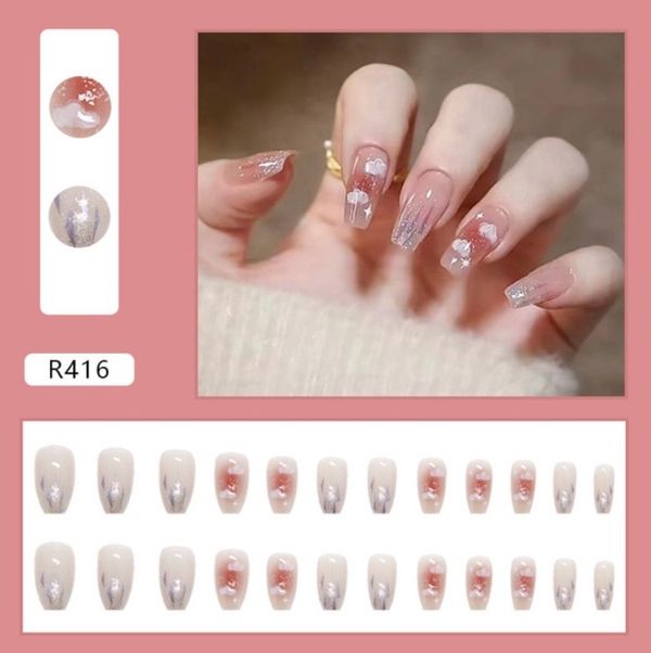 24 pcs fake nails set 🥺💗 with glue sticker / stick