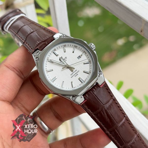 Edifice AA Grade | Leather Plain Dial watch | Brown Belt white dital