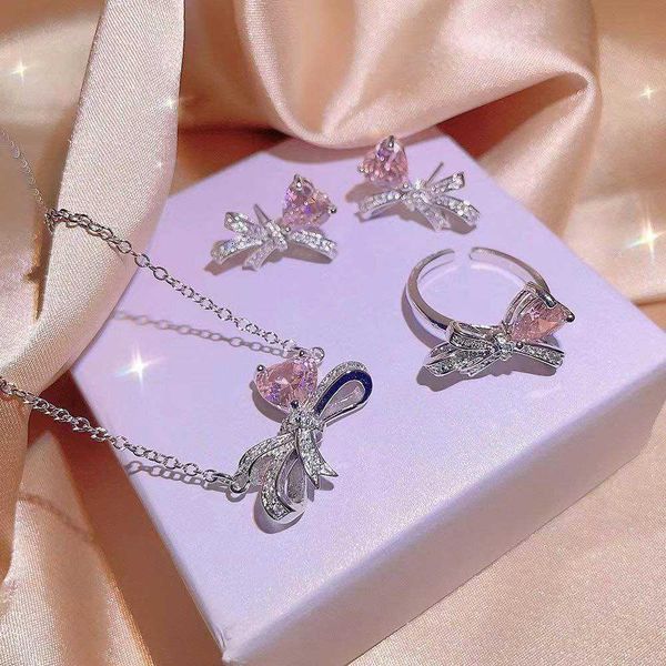 Pink Heart Bow Jircon Jewellery set