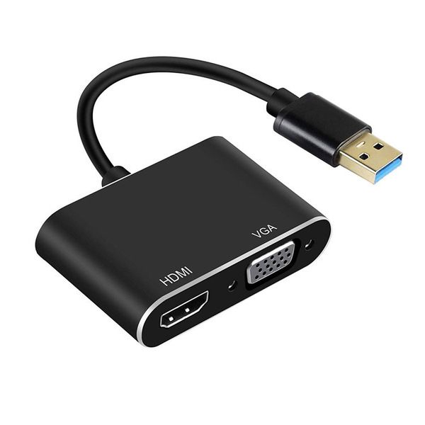 2 in 1 USB 3.0 to HDMI VGA Adapter 1080P, Built-in Driver, Support HDMI VGA Sync Output for Windows 10/8 / 7 Only, NOT Mac OS/Linux/Vista, USB to HDMI VGA HUB. (Black)