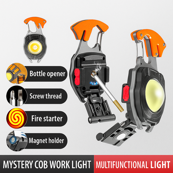 COB LED Keychain Flashlight, 800 Lumens Rechargeable Torch with 7 Modes, Built-in Lighter, Screwdriver, Whistle & Bottle Opener – Emergency Outdoor Camping Light