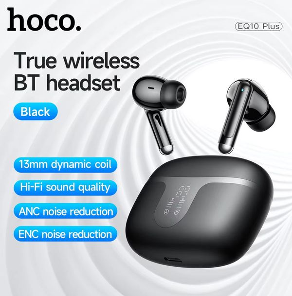 HOCO EQ10 Plus ANC ENC Noise Reduction Wireless BT 5.4 Earphone LED Display Charging Box HiFi Audio Stereo Headset Dual Connect- Black Color .