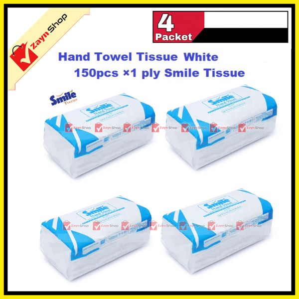 Smile Hand Towel Tissue - White-150pcs ×1 ply Tissue pack of 4 packet