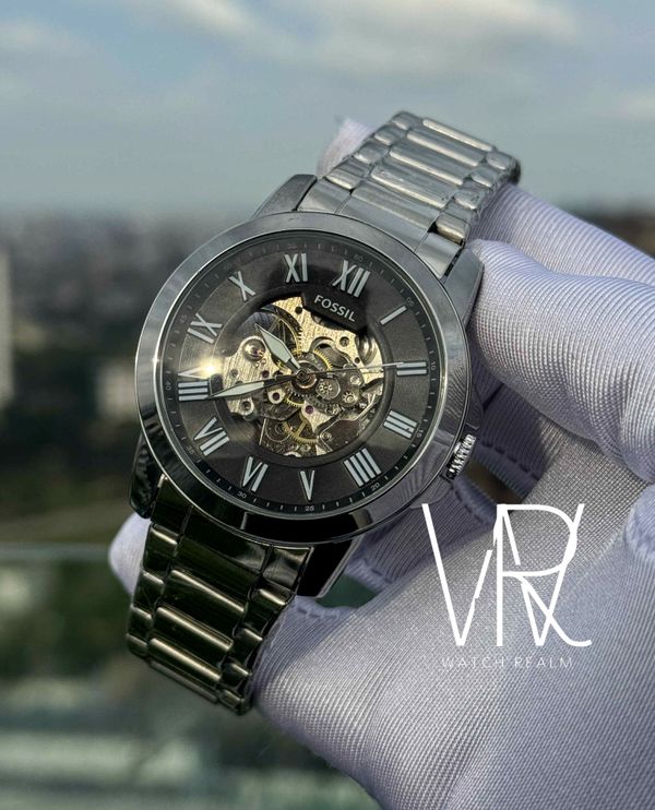 FOSSIL AUTO CHAIN SILVER BLACK DIAL
