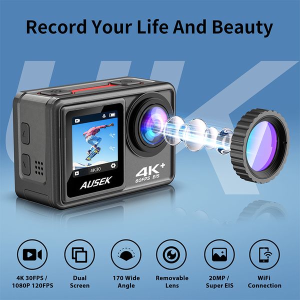 Ausek AT-S81TR Waterproof Dual Display 5K Action Camera With Filter