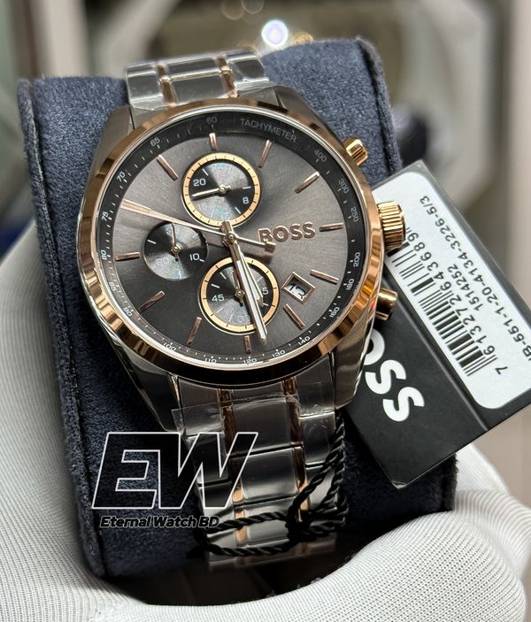 BOSS 1514252 Grand Prix 44 Qtz Fashion Chrono Grey Round Dial Men's Watch|Two Tone Stainless Steel Material|Silver Color Band