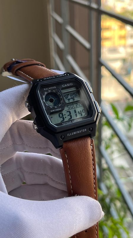 CASIO WORLD TIMER | BLACK BODY LIGHT BROWN BELT (MASTER GRADE)