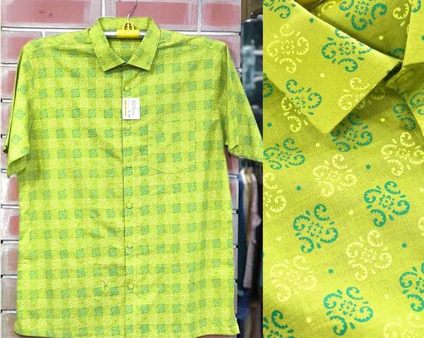 Bright Green Printed Cotton Men Half Shirt | Palli