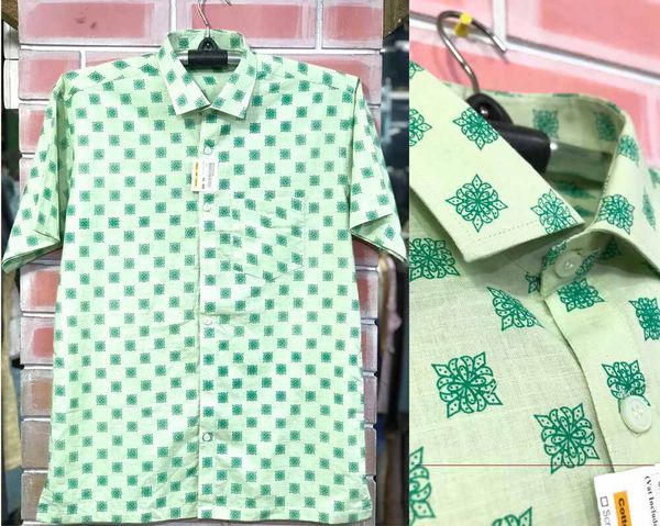 Green Printed Cotton Men Half Shirt | Palli
