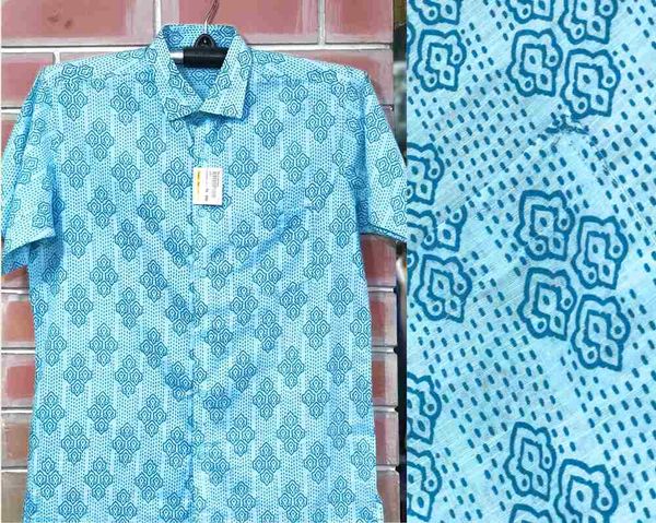 Light Blue Printed Cotton Men Half Shirt | Palli