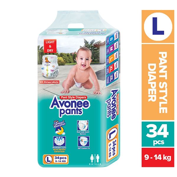 AVONEE L Size 34pcs Pant Style Diaper for 9 to 14kg Babies.