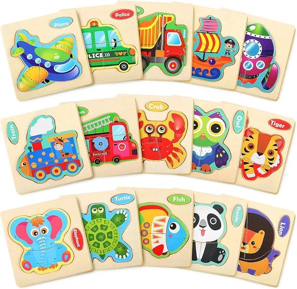 6 piece Wooden Puzzles for Toddlers 3 Years Animal Vehicle Jigsaw Puzzle Educational Kids Puzzles Toys Montessori Learning Jigsaw Toy