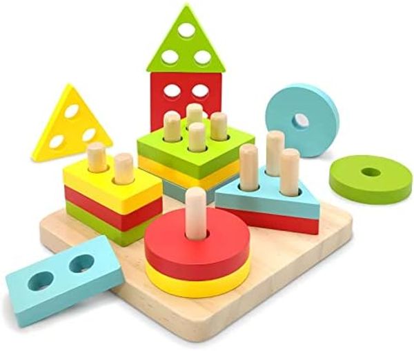 Wooden Stacking Toys & Shape Sorting Board | Geometric Shape Stacker | Eco-Friendly & Non-Toxic Wooden Toy | Early Childhood Development Toys