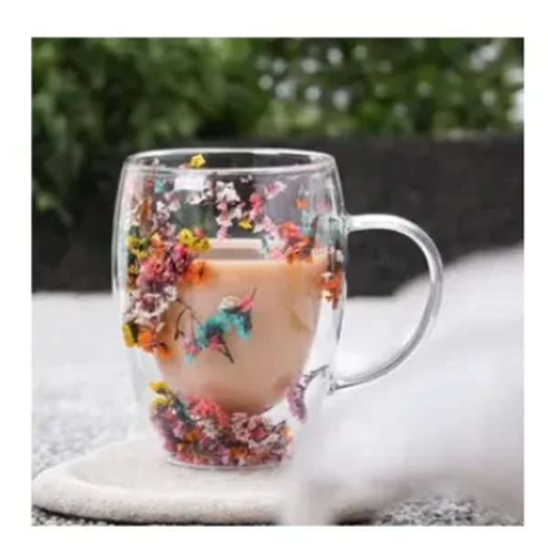 Glitter Flower Mug - 300ml Borosilicate Glass, Double Wall, Heat Resistant, Fireproof, Lightweight. Perfect for Coffee, Milk, Juice. Sea Snail and Conch Fillings. Ideal Gift (1pc)