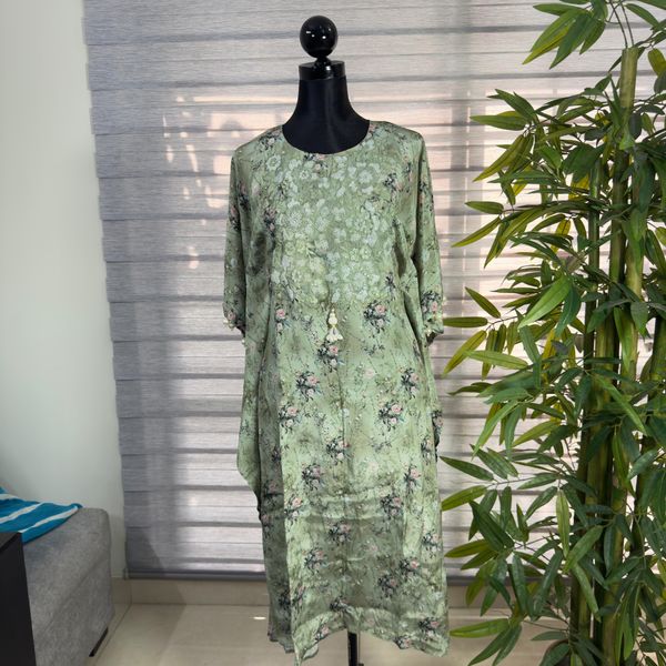 Elegant Sage Green Floral Printed Silk Kurti