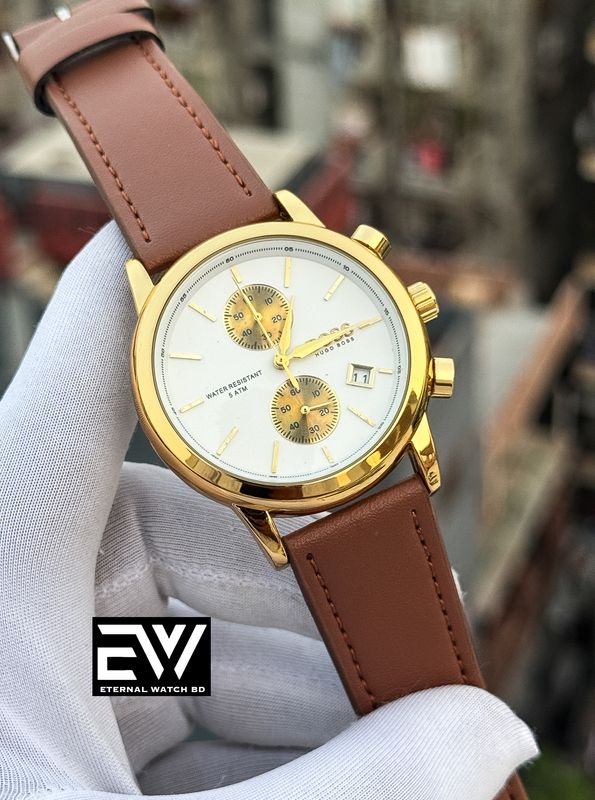 BOSS TWO CHRONO BROWN BELT GOLD CASE WHITE DIAL