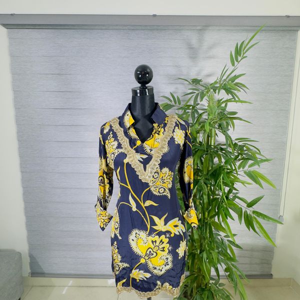 Elegant Floral Navy & Yellow Kurti with Navy Straight Pants Cord-Set
