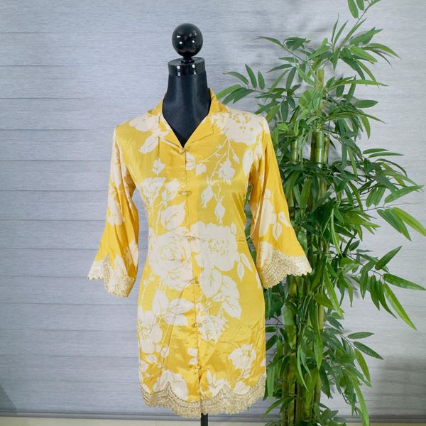Sunshine Yellow Floral Kurti & Pant Co-Ord Set with Lace Detailing