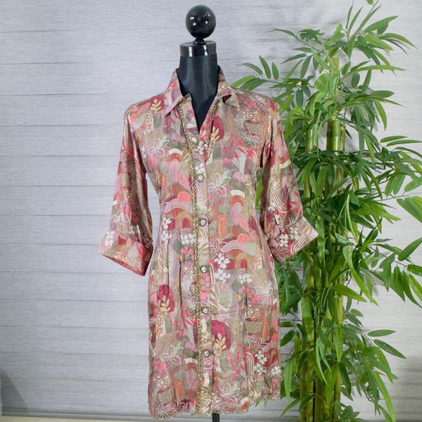 Floral Printed Long Kurti with Beige Straight Pants