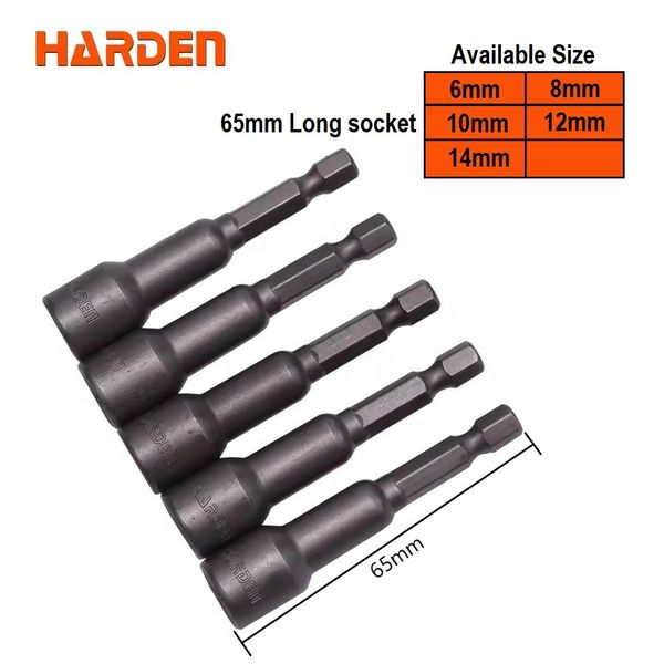 HARDEN 5Pcs Magnetic Nut Drivers Socket 65mm Long (6mm | 8mm | 10mm | 12mm | 14mm) Roofing Socket, Drill Bit Adapter Hex Socket Sleeve Nozzles; Model: 550621 | 550622 | 550624 | 550625 | 550626