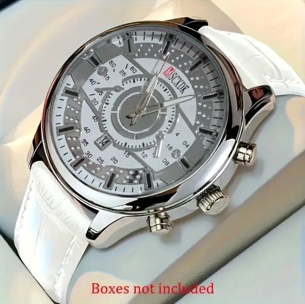 1pc Fashionable Quartz Men'S Watch, Round Alloy Case, Analog Display, Shock-Resistant, Faux Leather Band, Non, Button Battery Powered