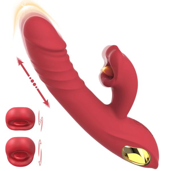 Auto Telescopic Dildo Vibrator Clitoris G Spot Tongue Licking Rabbit Stimulator Vagina Anal Female Masturbator Sex Toy for Women