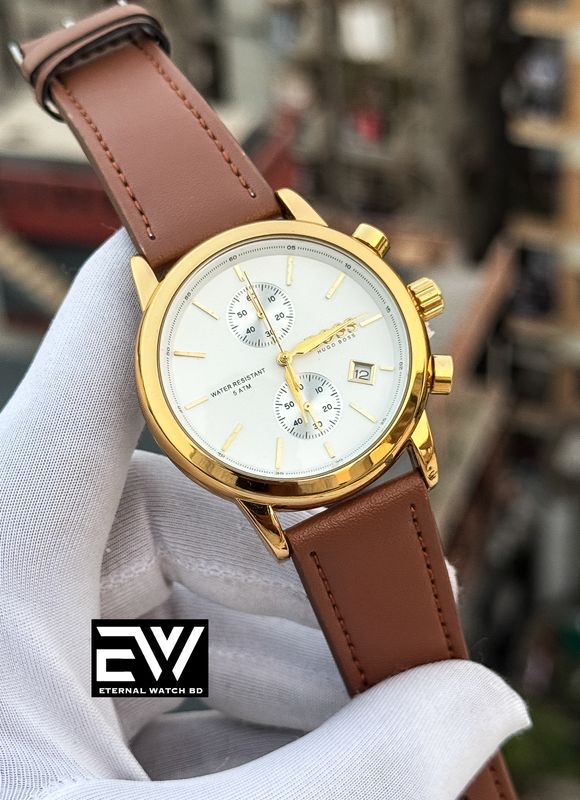 BOSS TWO CHRONO BROWN BELT GOLD CASE WHITE DIAL