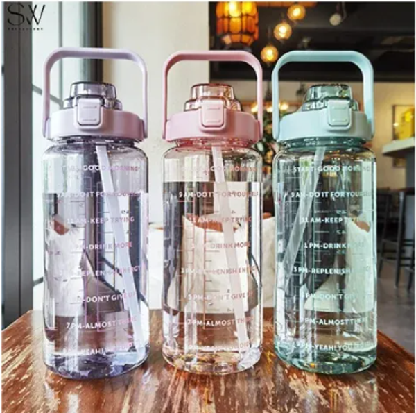 2000ml1pc Gradient Frosted Water Bottle With Handle Outdoor Portable Straw Cup