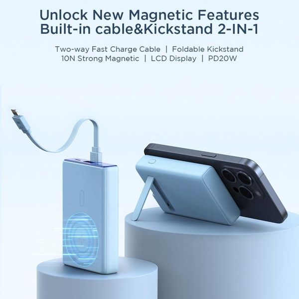 Joyroom JR-PBM01 20W Magnetic Wireless Power Bank With Built-In Cable & Kickstand 10000mAh-Blue Color